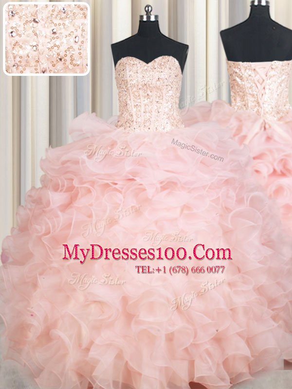 Baby Pink Ball Gowns Beading and Ruffles Sweet 16 Dresses Lace Up Organza Sleeveless Floor Length