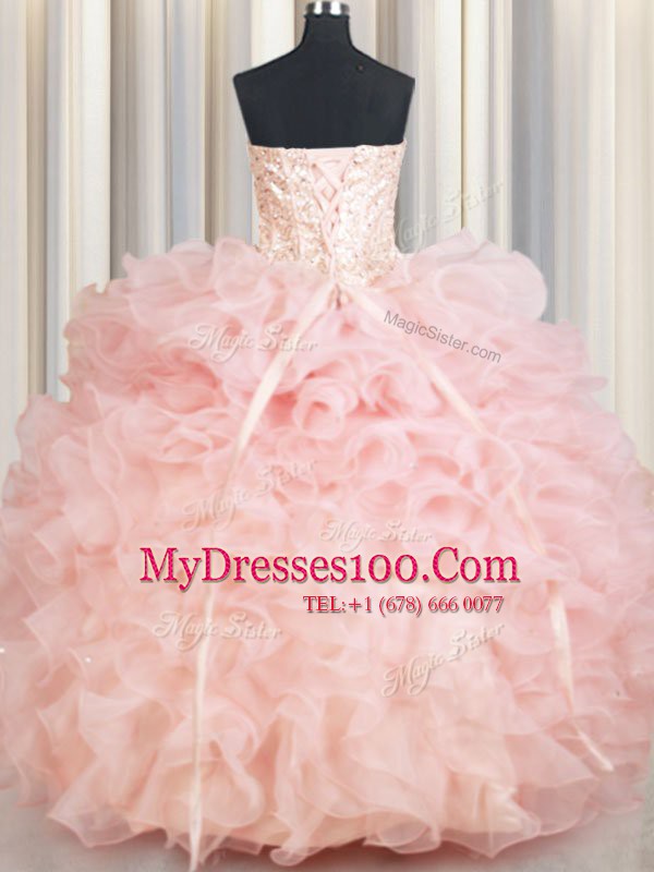 Baby Pink Ball Gowns Beading and Ruffles Sweet 16 Dresses Lace Up Organza Sleeveless Floor Length