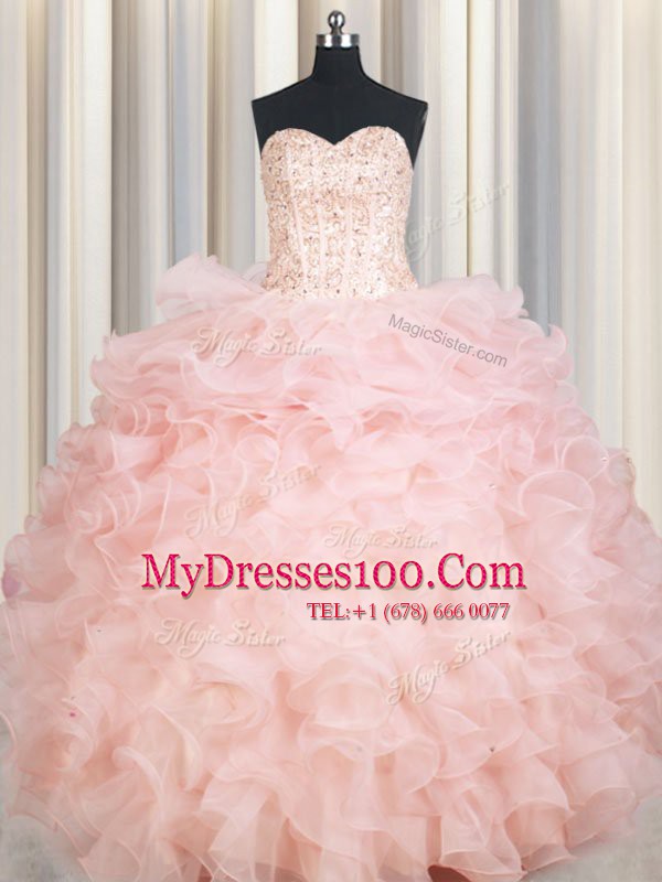 Baby Pink Ball Gowns Beading and Ruffles Sweet 16 Dresses Lace Up Organza Sleeveless Floor Length