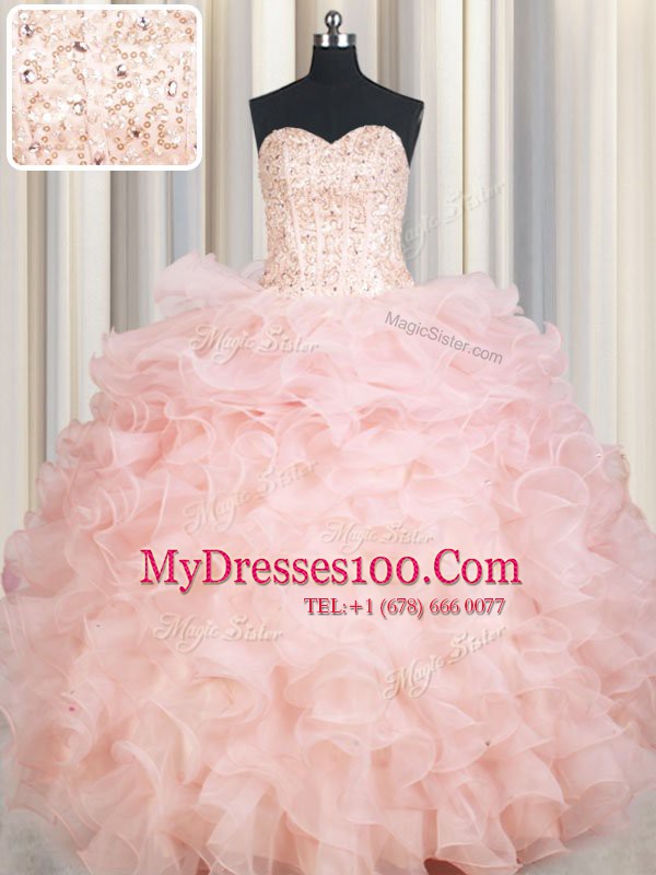 Baby Pink Ball Gowns Beading and Ruffles Sweet 16 Dresses Lace Up Organza Sleeveless Floor Length