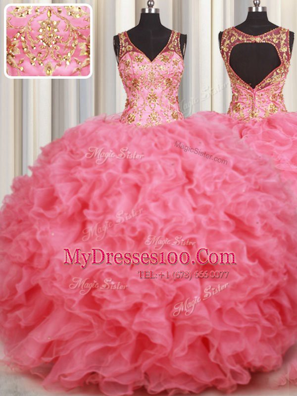 Pink Ball Gowns Beading and Ruffles 15 Quinceanera Dress Backless Organza Sleeveless Floor Length