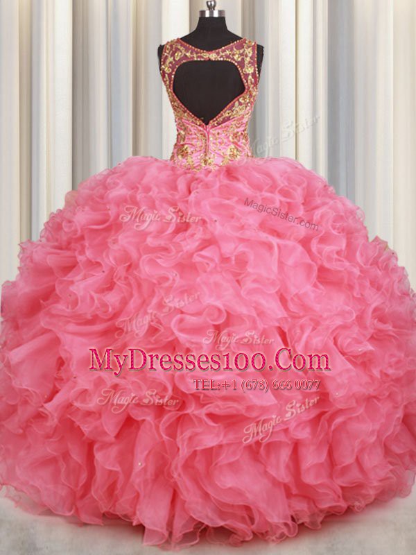 Pink Ball Gowns Beading and Ruffles 15 Quinceanera Dress Backless Organza Sleeveless Floor Length