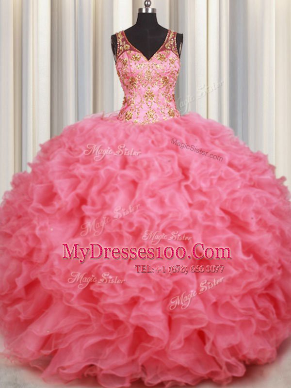 Pink Ball Gowns Beading and Ruffles 15 Quinceanera Dress Backless Organza Sleeveless Floor Length