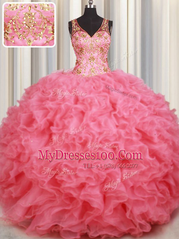 Pink Ball Gowns Beading and Ruffles 15 Quinceanera Dress Backless Organza Sleeveless Floor Length