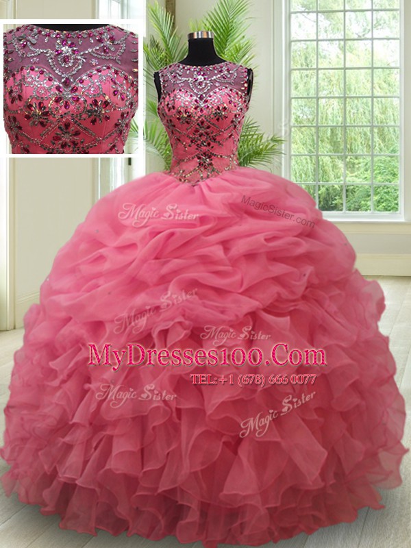 Admirable Scoop See Through Floor Length Pink Sweet 16 Dress Organza Sleeveless Beading and Ruffles and Pick Ups