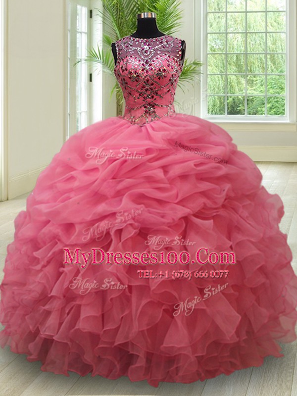 Admirable Scoop See Through Floor Length Pink Sweet 16 Dress Organza Sleeveless Beading and Ruffles and Pick Ups
