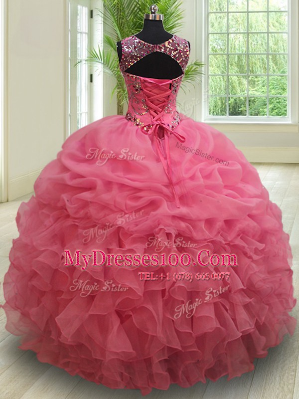 Admirable Scoop See Through Floor Length Pink Sweet 16 Dress Organza Sleeveless Beading and Ruffles and Pick Ups