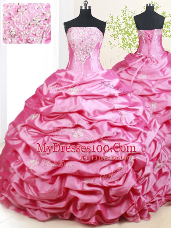Hot Pink Ball Gowns Beading and Pick Ups Quinceanera Dresses Lace Up Taffeta Sleeveless With Train