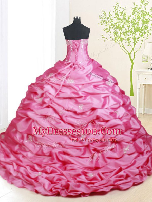 Hot Pink Ball Gowns Beading and Pick Ups Quinceanera Dresses Lace Up Taffeta Sleeveless With Train