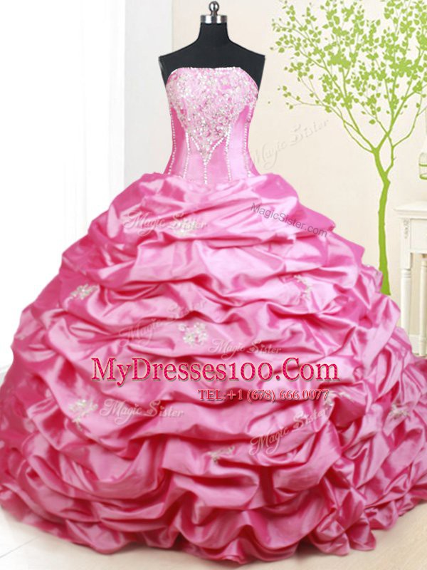 Hot Pink Ball Gowns Beading and Pick Ups Quinceanera Dresses Lace Up Taffeta Sleeveless With Train