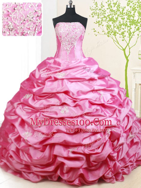 Hot Pink Ball Gowns Beading and Pick Ups Quinceanera Dresses Lace Up Taffeta Sleeveless With Train