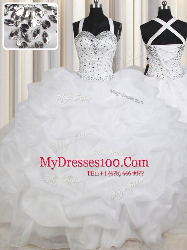 Admirable White Quinceanera Dresses Military Ball and Sweet 16 and Quinceanera and For with Beading and Pick Ups Straps Sleeveless Lace Up