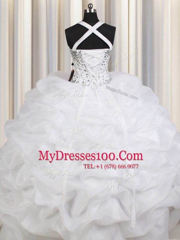 Admirable White Quinceanera Dresses Military Ball and Sweet 16 and Quinceanera and For with Beading and Pick Ups Straps Sleeveless Lace Up