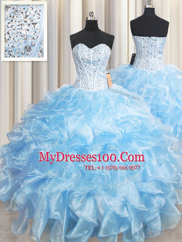 Light Blue Ball Gowns Organza Sweetheart Sleeveless Beading and Ruffles Floor Length Lace Up Vestidos de Quinceanera