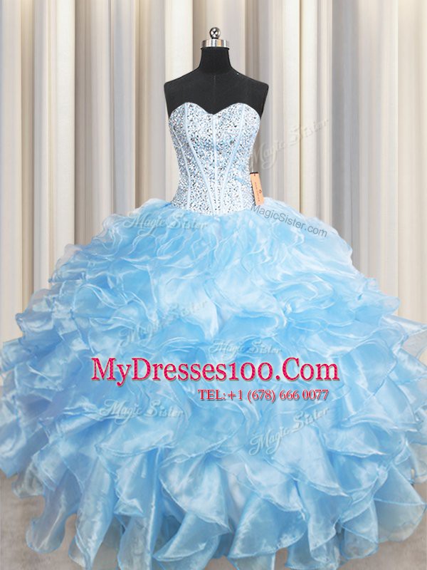 Light Blue Ball Gowns Organza Sweetheart Sleeveless Beading and Ruffles Floor Length Lace Up Vestidos de Quinceanera
