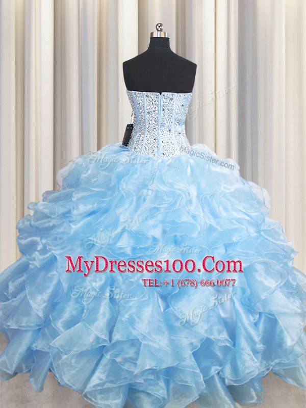 Light Blue Ball Gowns Organza Sweetheart Sleeveless Beading and Ruffles Floor Length Lace Up Vestidos de Quinceanera