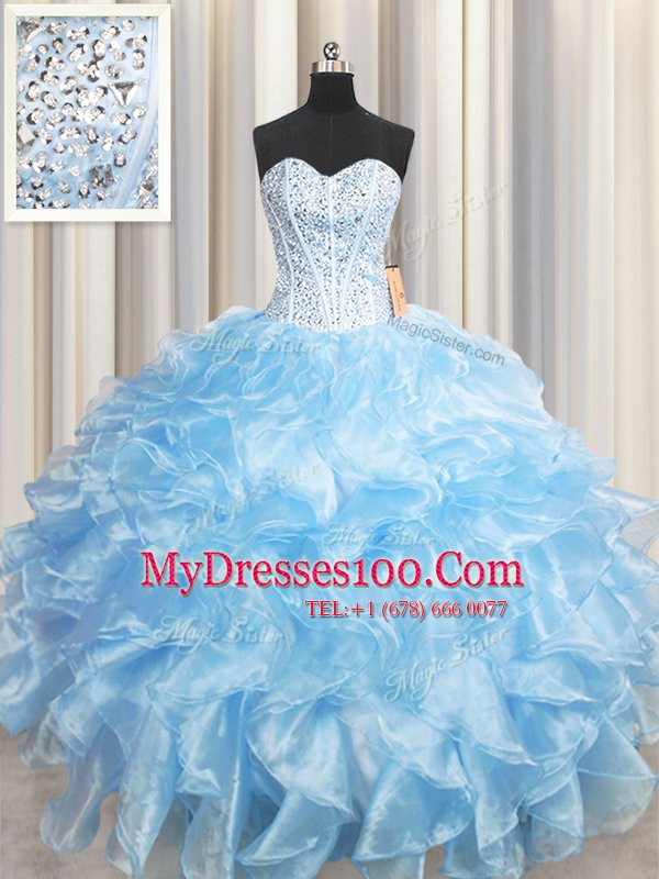 Light Blue Ball Gowns Organza Sweetheart Sleeveless Beading and Ruffles Floor Length Lace Up Vestidos de Quinceanera