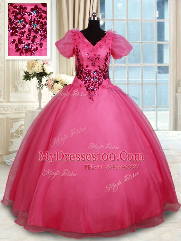 Exquisite Organza Short Sleeves Floor Length Quinceanera Gown and Beading