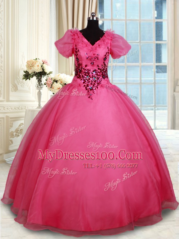 Exquisite Organza Short Sleeves Floor Length Quinceanera Gown and Beading