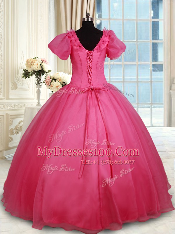 Exquisite Organza Short Sleeves Floor Length Quinceanera Gown and Beading