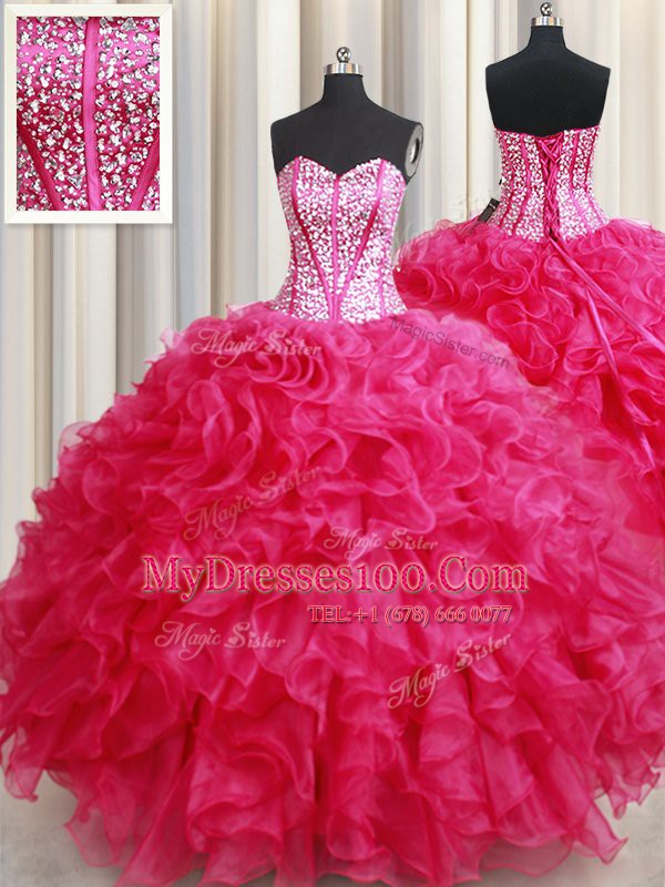 Fabulous Hot Pink Sleeveless Organza Lace Up Vestidos de Quinceanera for Military Ball and Sweet 16 and Quinceanera