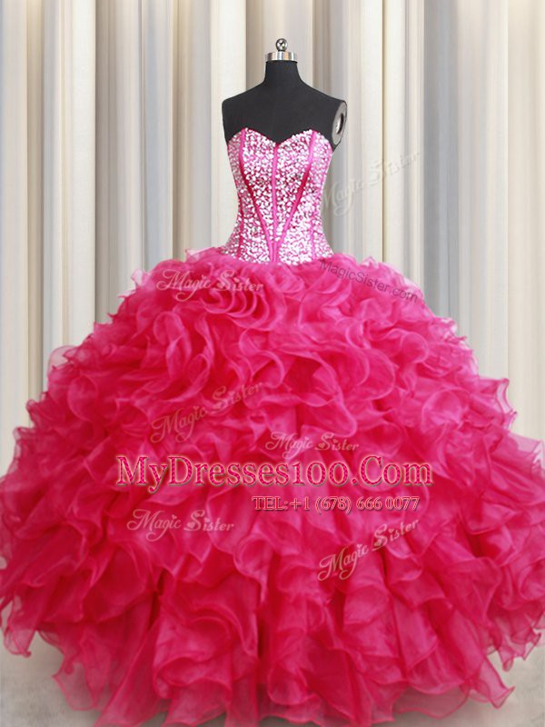 Fabulous Hot Pink Sleeveless Organza Lace Up Vestidos de Quinceanera for Military Ball and Sweet 16 and Quinceanera