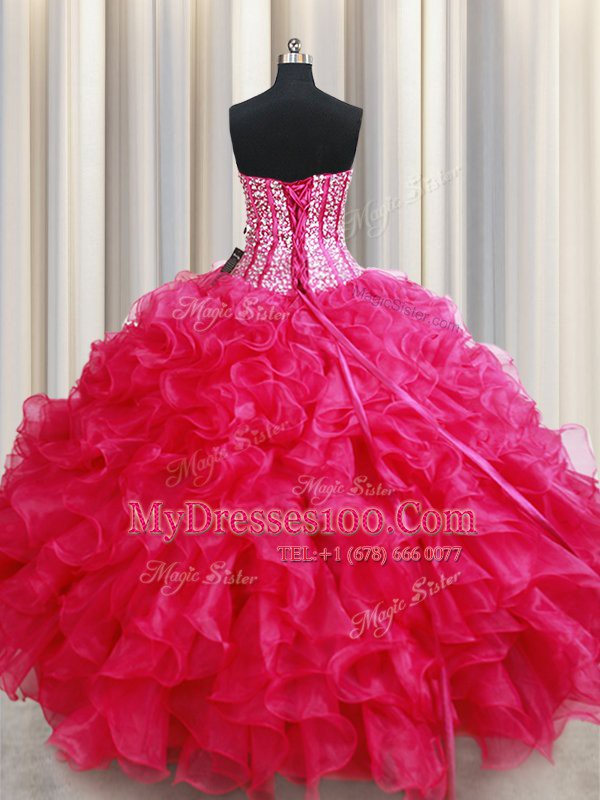Fabulous Hot Pink Sleeveless Organza Lace Up Vestidos de Quinceanera for Military Ball and Sweet 16 and Quinceanera