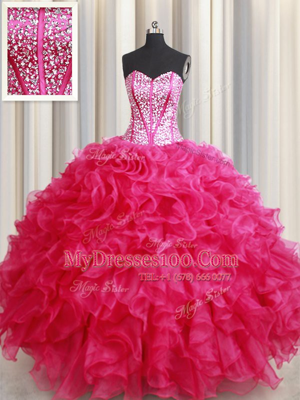 Fabulous Hot Pink Sleeveless Organza Lace Up Vestidos de Quinceanera for Military Ball and Sweet 16 and Quinceanera