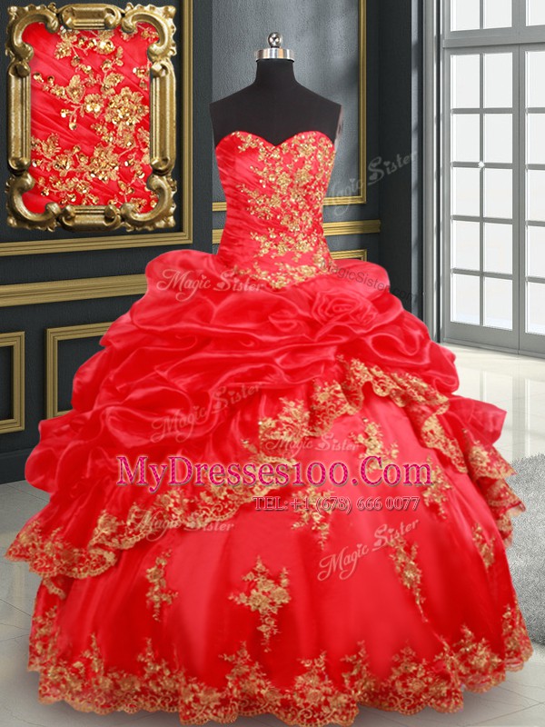 Sleeveless Floor Length Beading and Appliques and Pick Ups Lace Up 15 Quinceanera Dress with Red