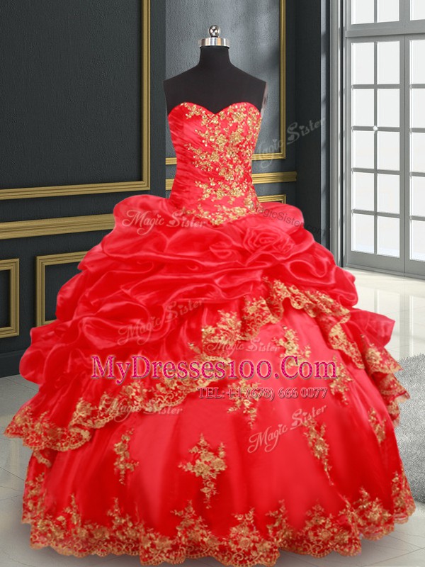 Sleeveless Floor Length Beading and Appliques and Pick Ups Lace Up 15 Quinceanera Dress with Red
