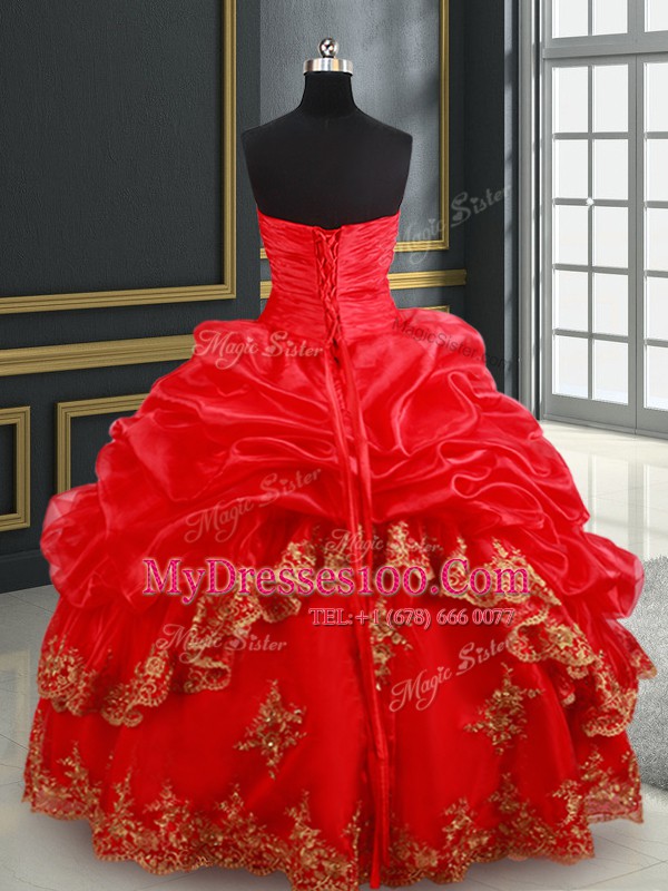 Sleeveless Floor Length Beading and Appliques and Pick Ups Lace Up 15 Quinceanera Dress with Red