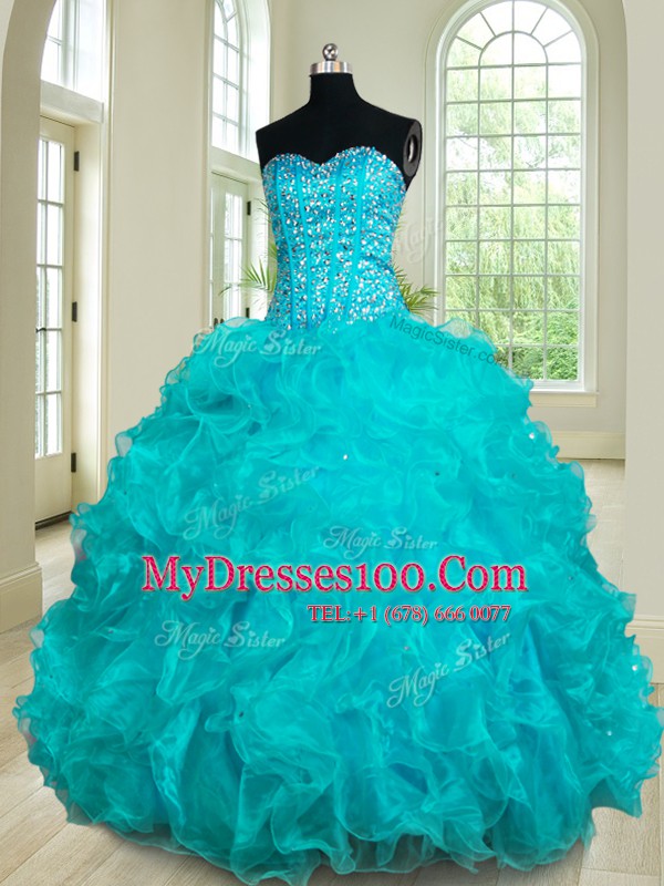 Enchanting Teal Sleeveless Floor Length Beading and Ruffles Lace Up 15th Birthday Dress