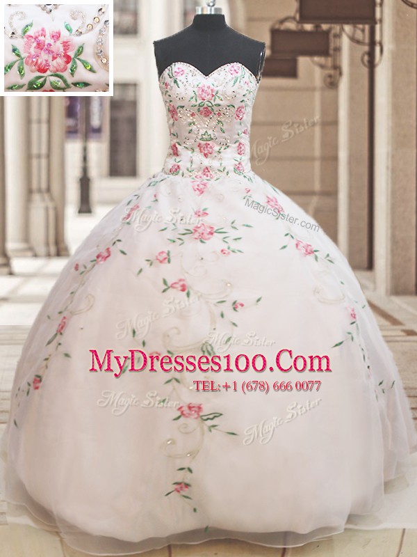 White Organza Lace Up Sweet 16 Dress Sleeveless Floor Length Beading and Embroidery