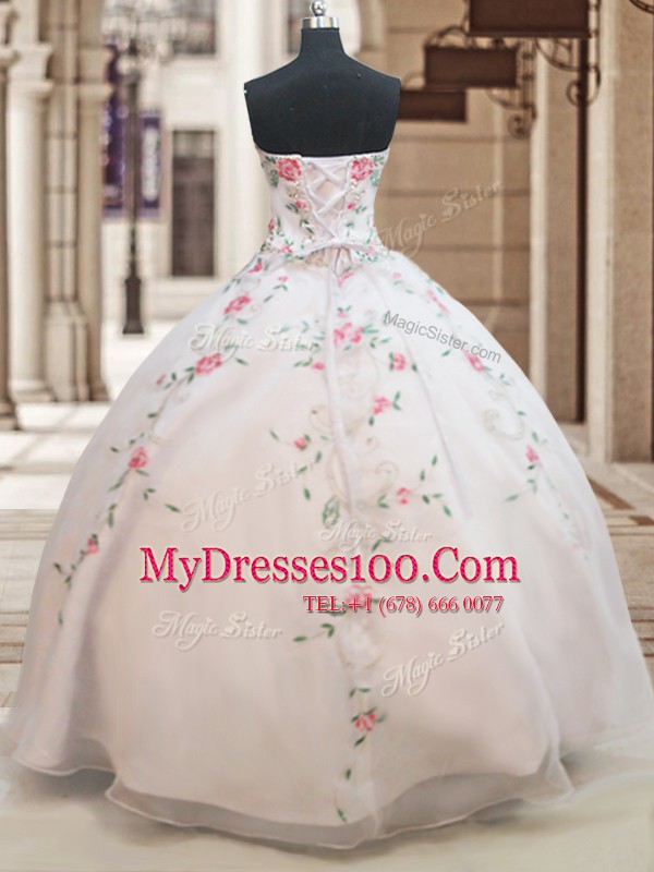 White Organza Lace Up Sweet 16 Dress Sleeveless Floor Length Beading and Embroidery