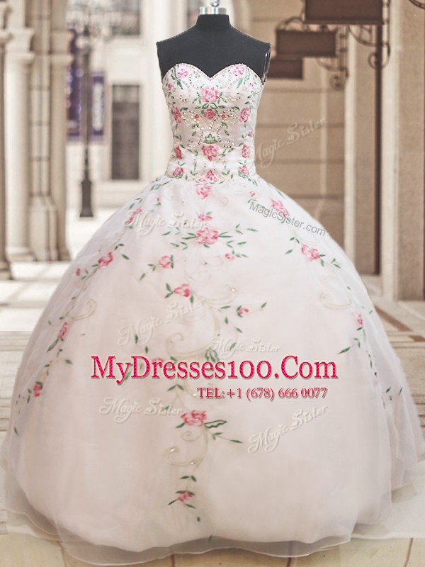 White Organza Lace Up Sweet 16 Dress Sleeveless Floor Length Beading and Embroidery
