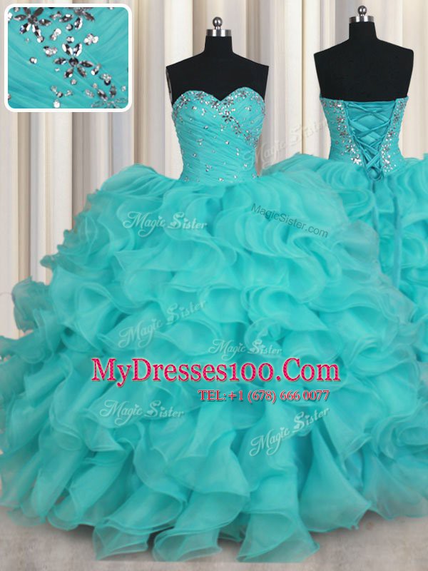 Luxury Aqua Blue Ball Gowns Sweetheart Sleeveless Organza Floor Length Lace Up Beading and Ruffles Sweet 16 Dresses