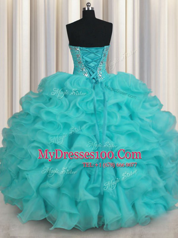 Luxury Aqua Blue Ball Gowns Sweetheart Sleeveless Organza Floor Length Lace Up Beading and Ruffles Sweet 16 Dresses