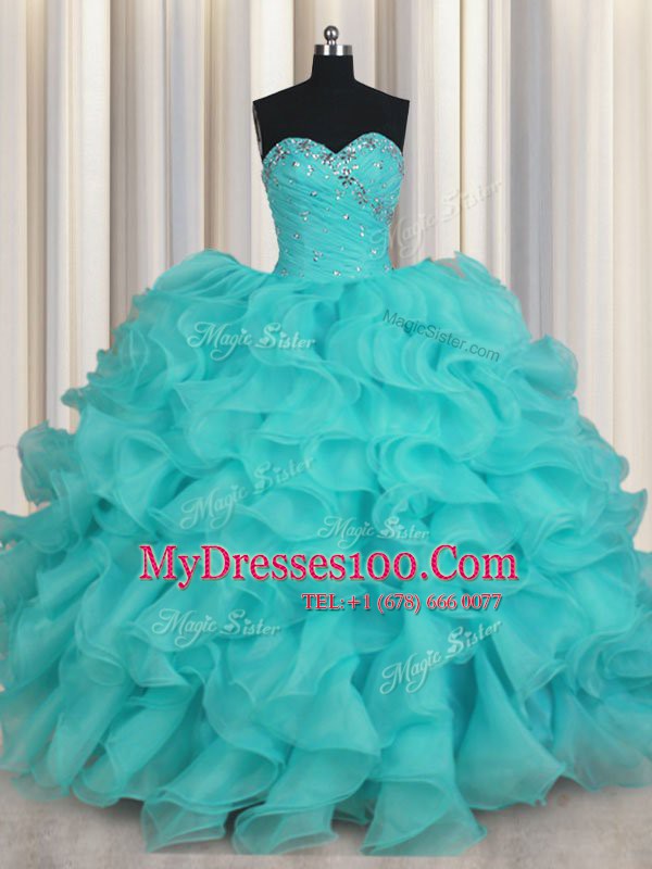 Luxury Aqua Blue Ball Gowns Sweetheart Sleeveless Organza Floor Length Lace Up Beading and Ruffles Sweet 16 Dresses