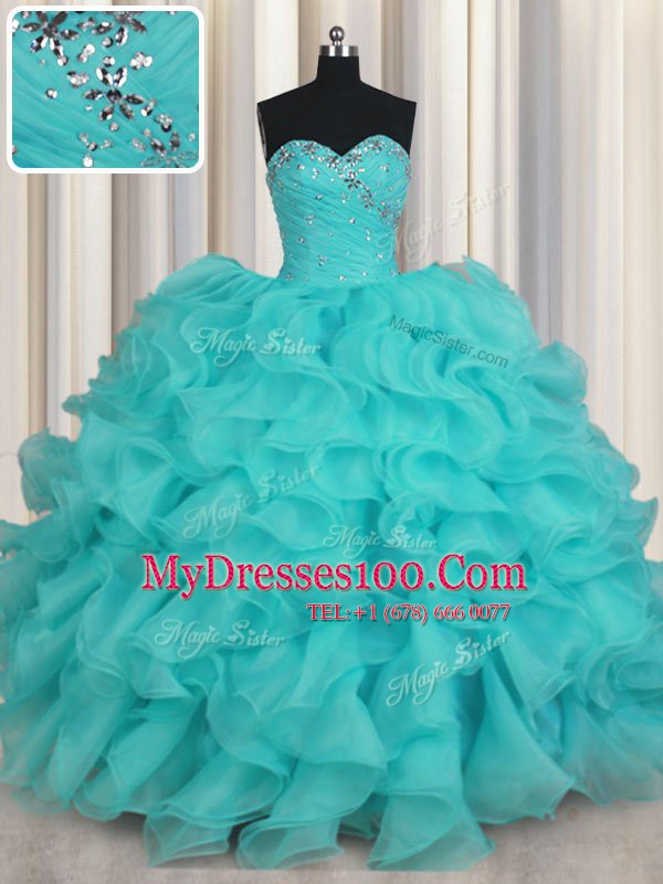 Luxury Aqua Blue Ball Gowns Sweetheart Sleeveless Organza Floor Length Lace Up Beading and Ruffles Sweet 16 Dresses