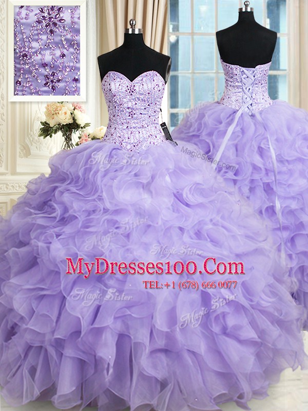 Lavender Sweetheart Neckline Beading and Ruffles Quinceanera Gowns Sleeveless Lace Up