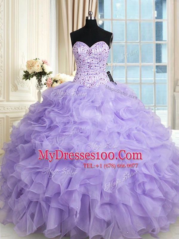 Lavender Sweetheart Neckline Beading and Ruffles Quinceanera Gowns Sleeveless Lace Up
