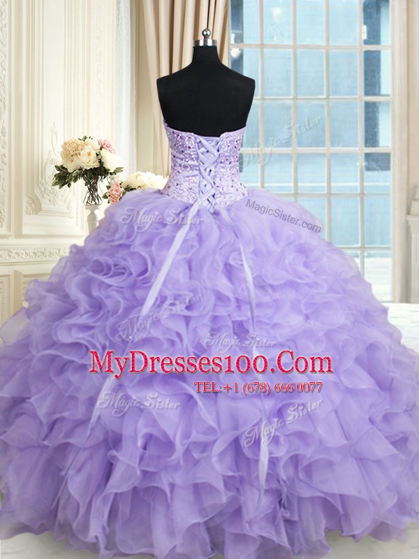 Lavender Sweetheart Neckline Beading and Ruffles Quinceanera Gowns Sleeveless Lace Up