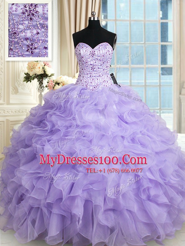 Lavender Sweetheart Neckline Beading and Ruffles Quinceanera Gowns Sleeveless Lace Up