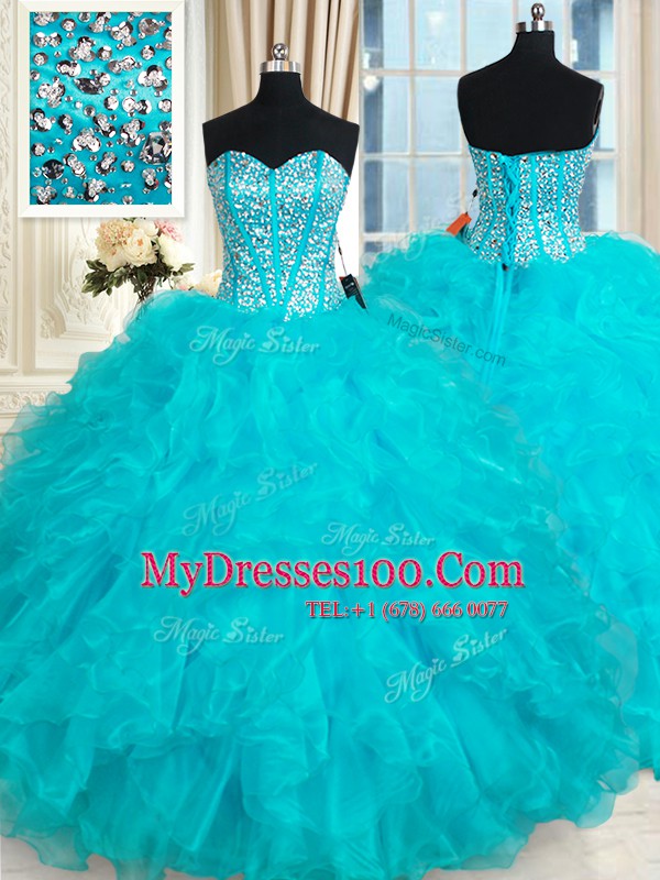 Aqua Blue Sweetheart Neckline Beading and Ruffles Sweet 16 Dresses Sleeveless Lace Up