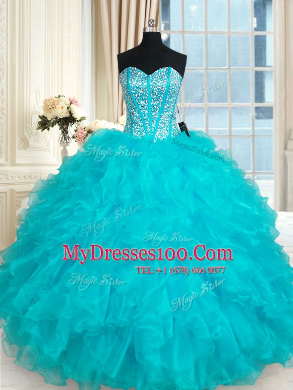 Aqua Blue Sweetheart Neckline Beading and Ruffles Sweet 16 Dresses Sleeveless Lace Up