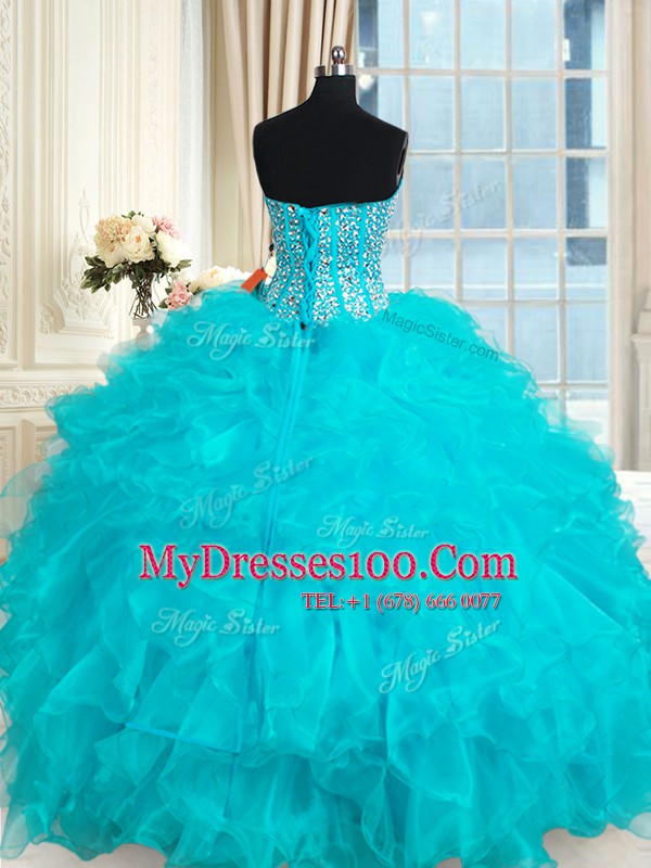 Aqua Blue Sweetheart Neckline Beading and Ruffles Sweet 16 Dresses Sleeveless Lace Up