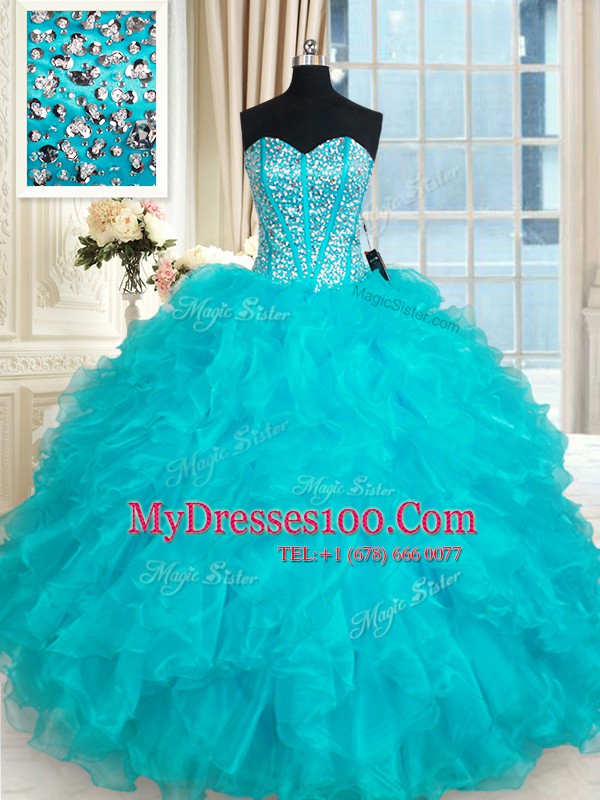 Aqua Blue Sweetheart Neckline Beading and Ruffles Sweet 16 Dresses Sleeveless Lace Up