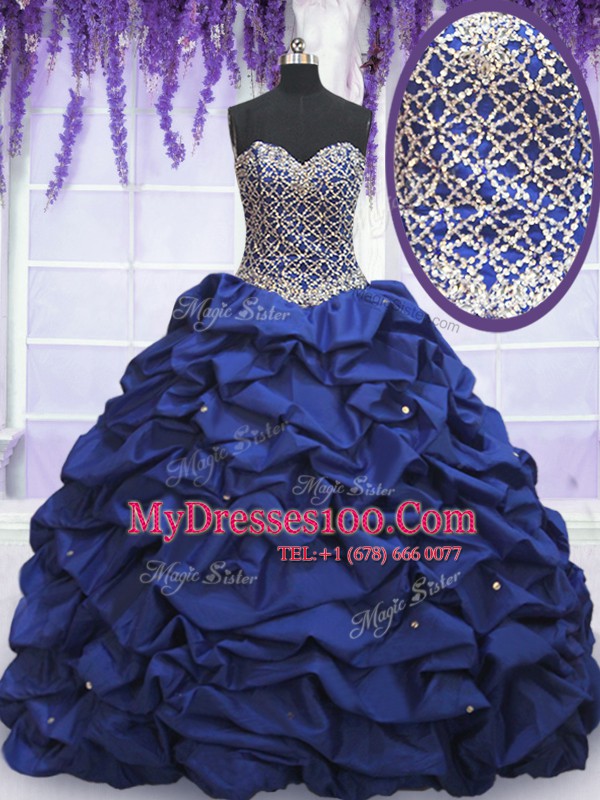 Popular Floor Length Royal Blue Vestidos de Quinceanera Taffeta Sleeveless Beading and Pick Ups