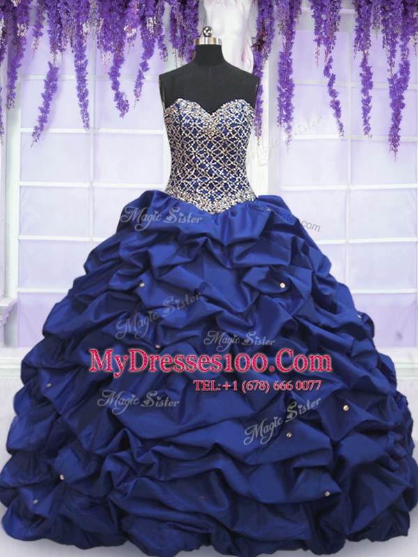 Popular Floor Length Royal Blue Vestidos de Quinceanera Taffeta Sleeveless Beading and Pick Ups