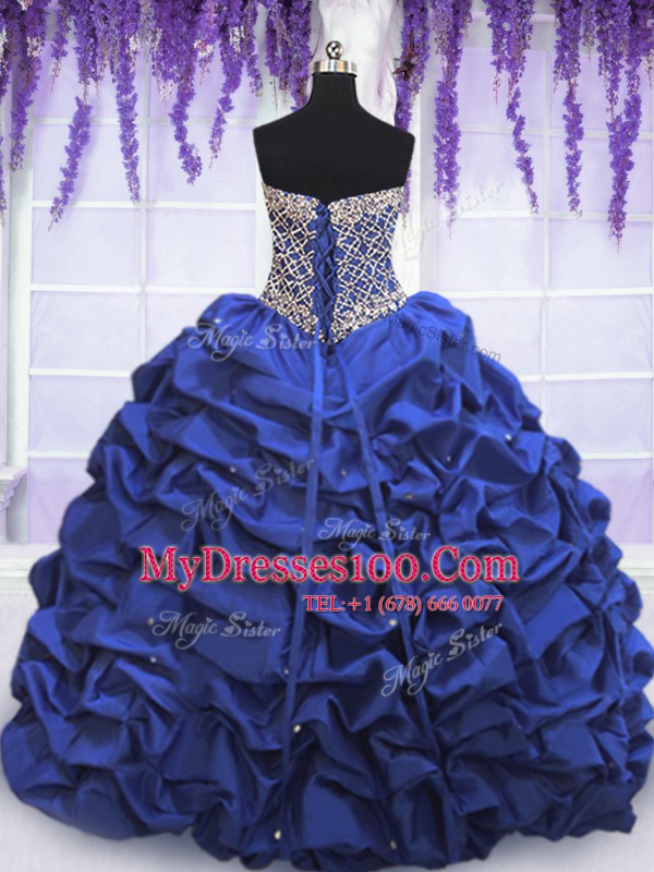 Popular Floor Length Royal Blue Vestidos de Quinceanera Taffeta Sleeveless Beading and Pick Ups